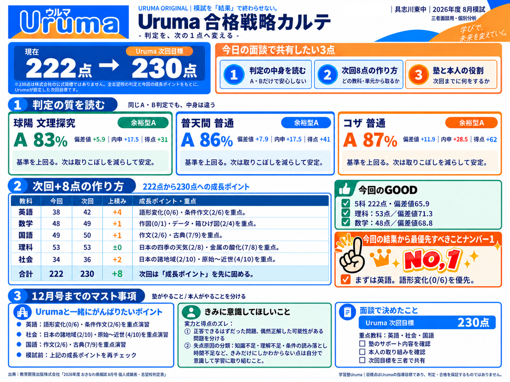 学習塾Urumaの中3模擬試験個人分析資料「Uruma 合格戦略カルテ」（氏名を伏せた画像）